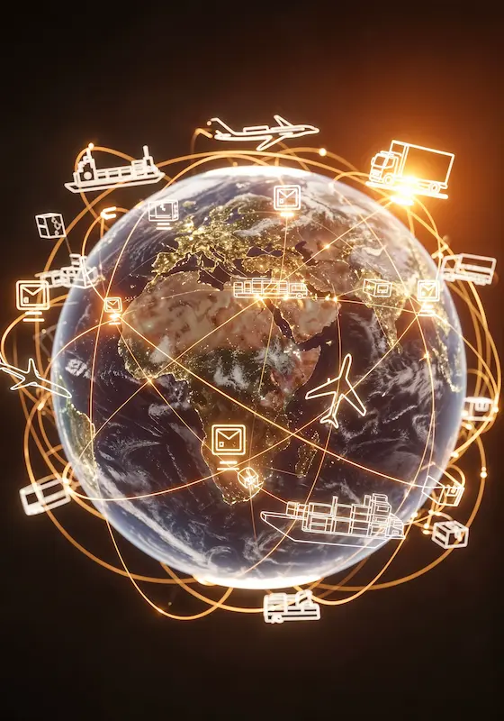 Globe surrounded by connection lines and transport icons, representing global communication and connectivity