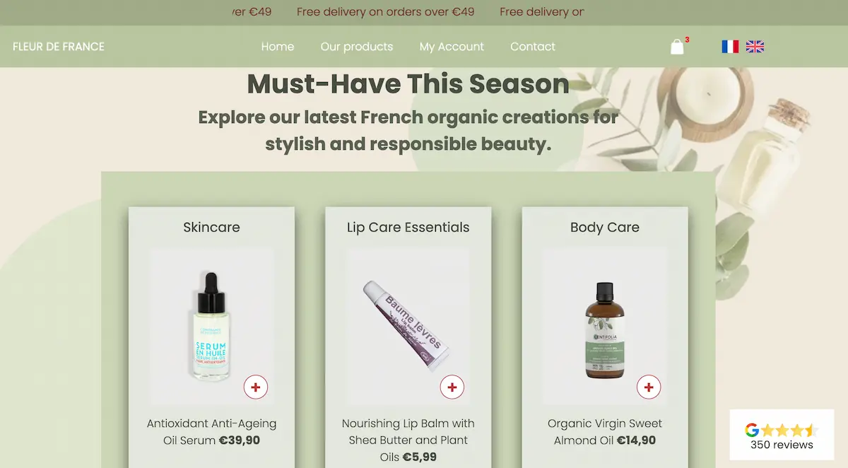 E-commerce website showcasing natural products for international online sales
