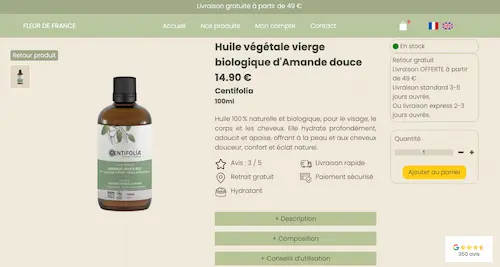 E-commerce product presentation page for natural products