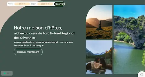 Guesthouse presentation page with green background and landscape images